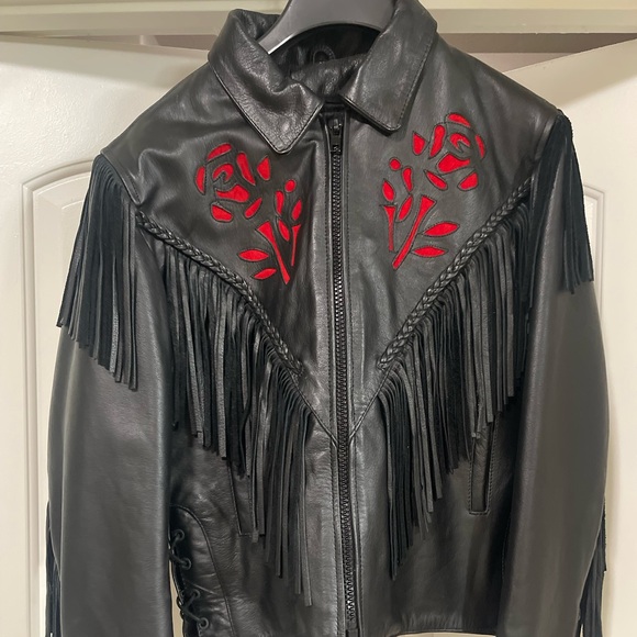 Interstate Leather Jackets & Blazers - Fringed Black Leather Jacket with Red Floral Appliqué
